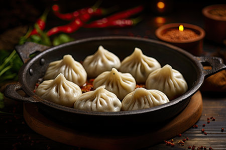 Traditional Georgian dumplings called khinkali stuffed with minced meat and pepper served rawの素材
