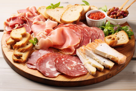 Top view of cold smoked meat plate with prosciutto salami and bread sticks on white wooden backgrounの素材
