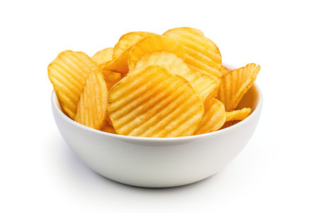 Top view of ridged potato chips in a white bowl isolatedの素材