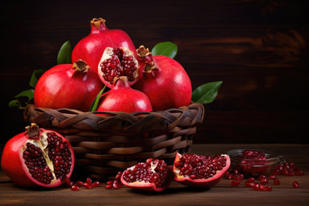 Basket with ripe pomegranate on wooden tableの素材