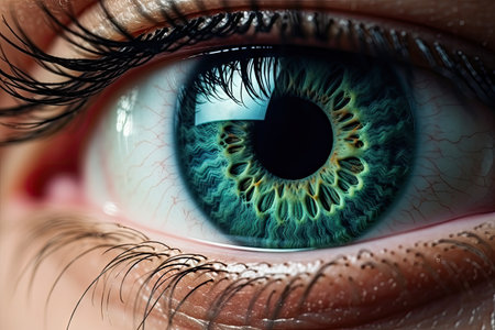 Close up macro photo of a green human eye representing the concept of eye health vision and potentiaの素材