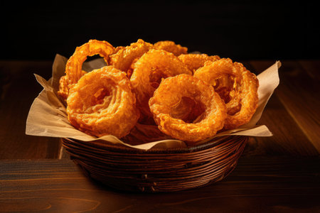 Onion rings in basket on brown surfaceの素材