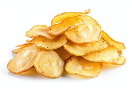 Potatoes transform into chips on a white backgroundの素材
