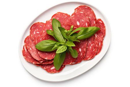 Salami slices closeup with sausage and basil from above on a white backgroundの素材