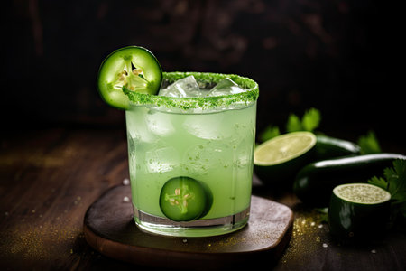 Refreshing spring cocktail with cucumber lime and spicy rim and copy spaceの素材