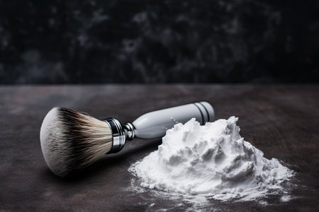 Selective focus on a concrete backdrop with shaving foam and brush representing male self careの素材