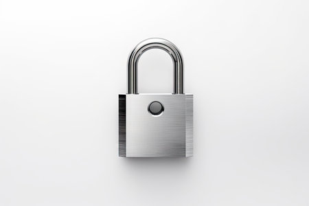 White background with locked silver padlockの素材
