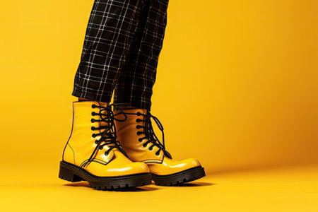 Closeup of woman in fashionable boots on yellow backgroundの素材
