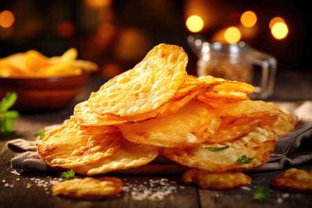 Close up shot of vintage background with potato chips featuring cheese and onion flavor in selectiveの素材