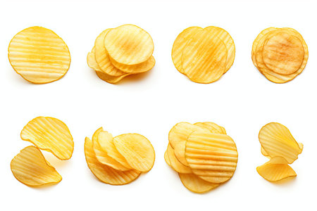 Collection of potato chips on white backgroundの素材