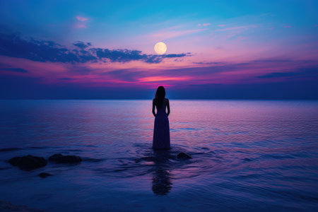 Colorful sky with bright full moon over seascape and silhouette of woman standing in the seaの素材