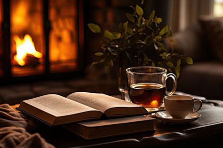 Coffee cup book glasses on tray beside indoor fireplace Cozy ambianceの素材