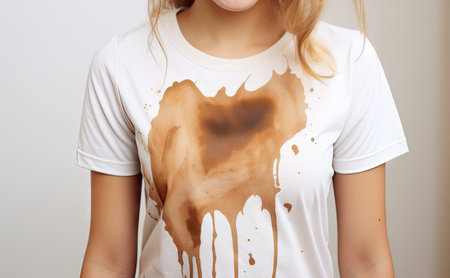 Closeup of a woman s stained t shirt against a light background holding a coffee cupの素材