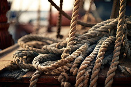 Close up shot of ship s side with tied ropeの素材