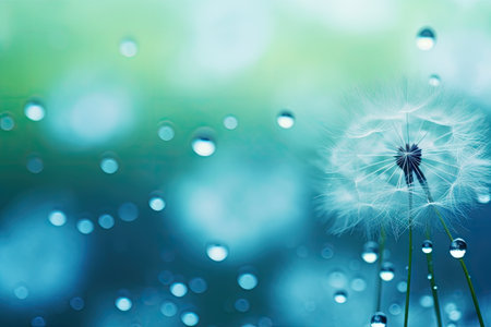 Colorful and dreamy image showcasing water drops on a dandelion seed with a blurred green and blue bの素材
