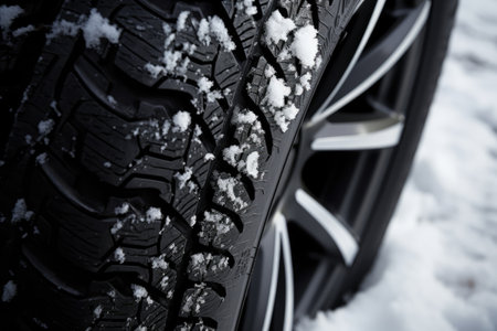 Detailed macro photo of winter car tire covered in snow illustrating winter weatherの素材