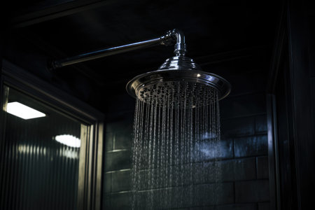 Dark bathroom with shower headの素材