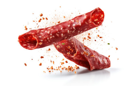 Delicious salami falling on a white backgroundの素材