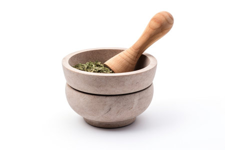 Earthenware mortar for grinding herbs in Asian cuisine isolated on white backgroundの素材