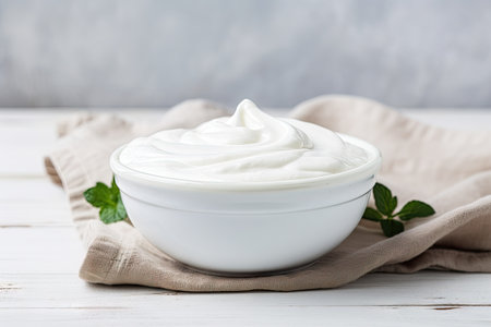 Fresh homemade Greek yogurt in a ceramic bowl on a white wooden background with room for adding textの素材