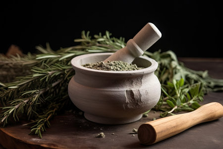 Grind sage and rosemary with a mortar and pestleの素材