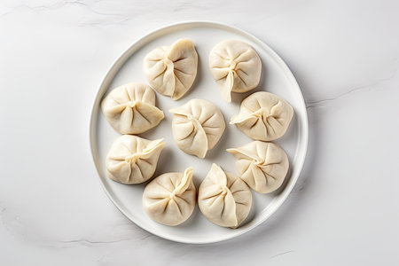 Georgian cuisine s traditional set of Khinkali dumplings on white stone viewed from the top with spaの素材