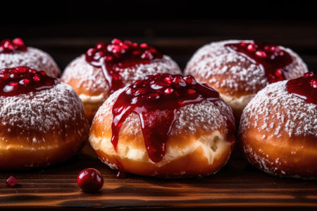 Hanukkah concept Delicious jam filled donuts on wooden backgroundの素材