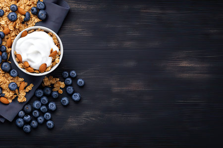 Homemade granola with Greek yogurt and blueberries placed on a wide black rustic banner Design yourの素材