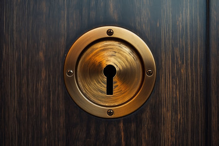 Close up metal keyhole on a modern round steel door ensures security and safetyの素材