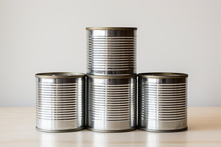 Three cans stacked on a white surfaceの素材