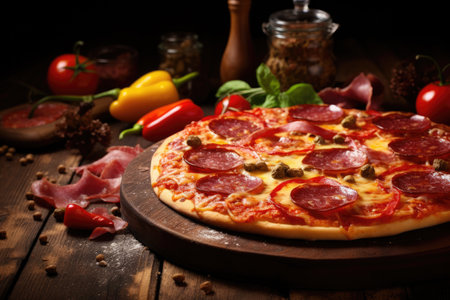 Tasty Salami pizza on wooden table illustrating the concept of delicious foodの素材