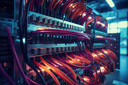 Close up of wiring installation with fastened wires and various types of cables in the enterpriseの素材