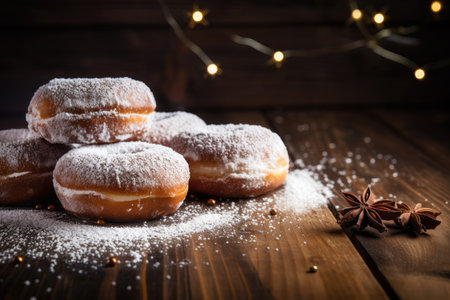 Tasty powdered sugar donuts on tableの素材