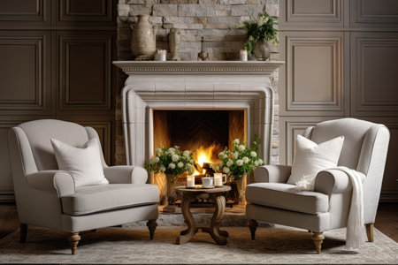 Stunning living room with fireplace and armchairsの素材