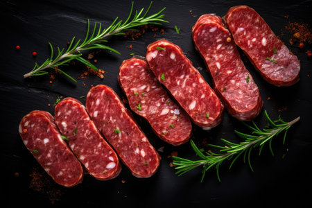 Thyme infused dry salami sliced on a black background from the topの素材