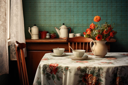 Table cloth on kitchen backgroundの素材