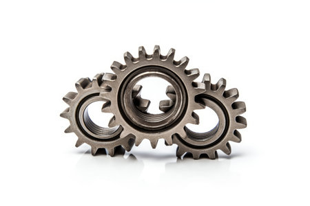Three steel gears are connected on a white backgroundの素材
