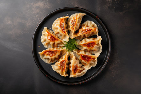 Top view of gyoza dumplings on a plate gray concrete backgroundの素材