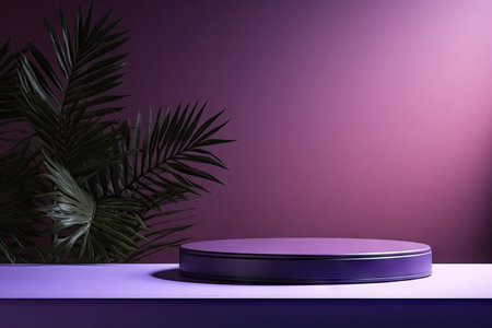 Unoccupied podium displaying products with plant and shadow on purple backgroundの素材