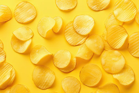Top view of potato chips on a yellow background in a flat lay compositionの素材