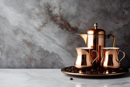 Two mugs and a pot on marble backgroundの素材