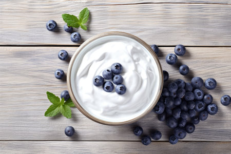 Top view of fresh blueberry yogurt on a white wooden table representing healthy and high resolutionの素材