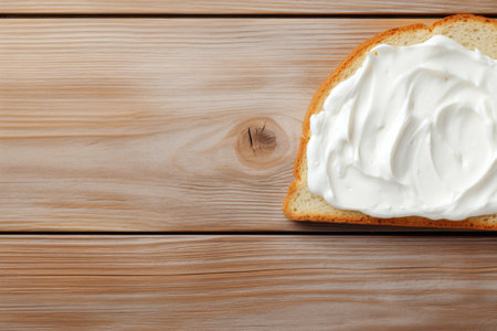 Top view of cream cheese on bread on wooden tableの素材