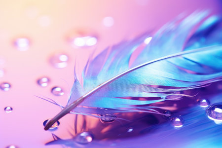 Vibrant raindrops on a feather with a colorful background close up photo empty area for text Beautifの素材