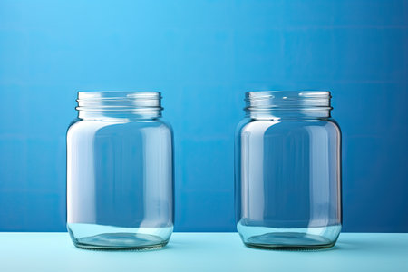 Two glass jars empty on a blue backgroundの素材