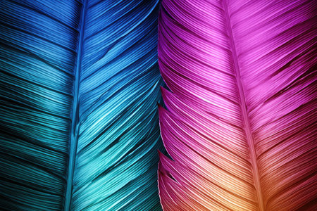 Two vibrant natural tropical leaf textures with gradient colors in green and purple pink blue violetの素材