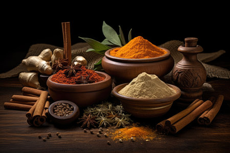 Wooden background with various spices and mortarの素材