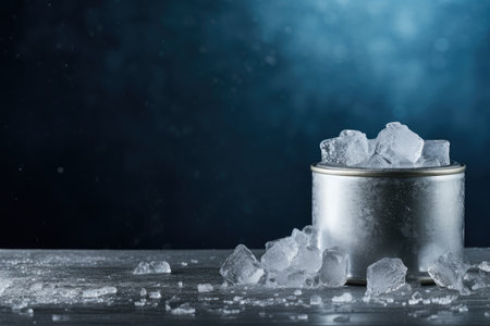 Unbranded cold aluminum can with icy vapor on ice cube backgroundの素材