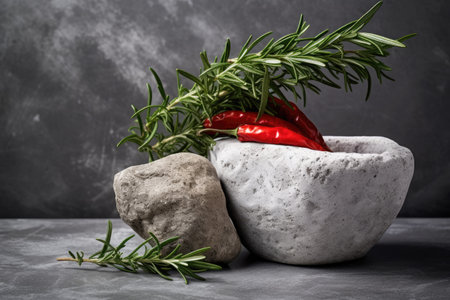 White mortar with pepper and rosemary on a gray stone backdropの素材