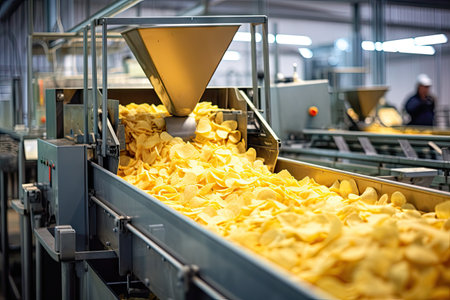 Potato chips and snacks manufacturing line at the factory Machines filling potato chipsの素材